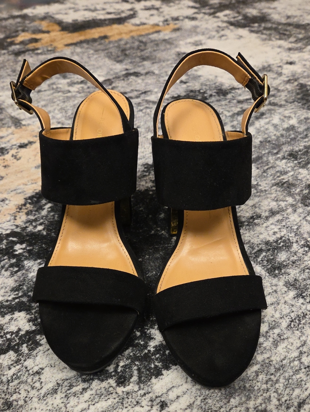 Report Black Suede Ankle Strap Block Heel Sandals